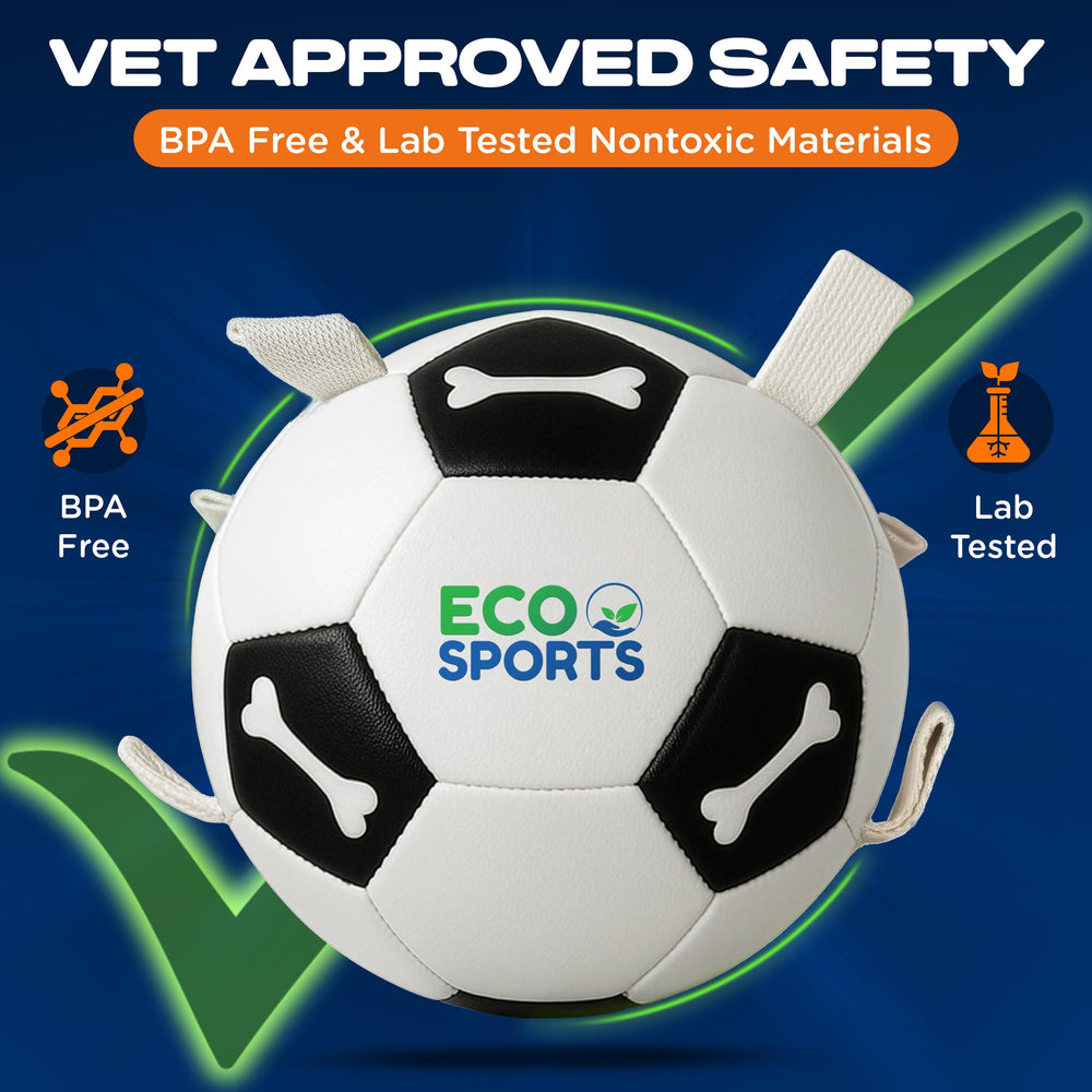 Eco Sports small dog soccer ball with straps enables easy tug and carry.