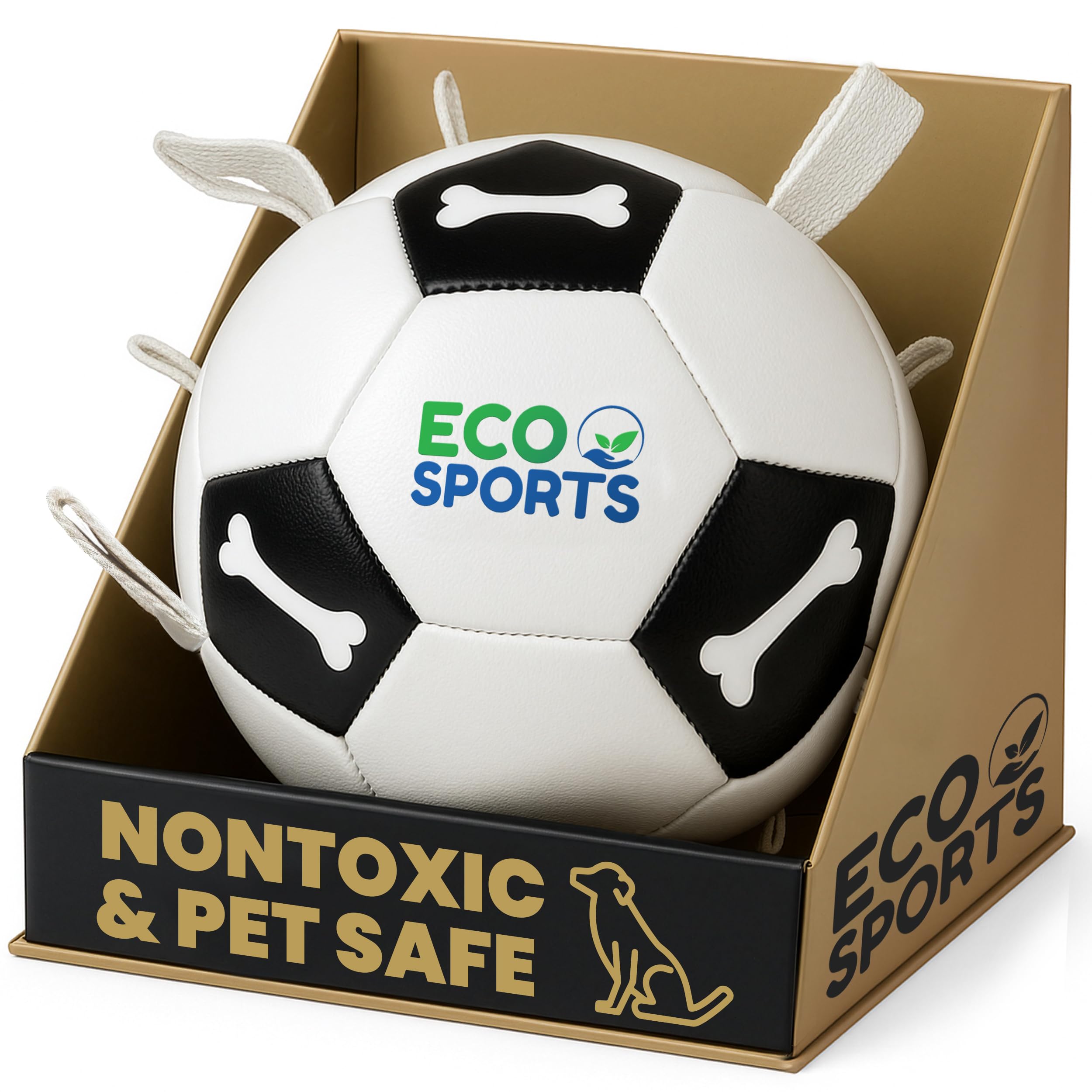 Eco Sports small-dog soccer ball with straps ready for fetch and tug.