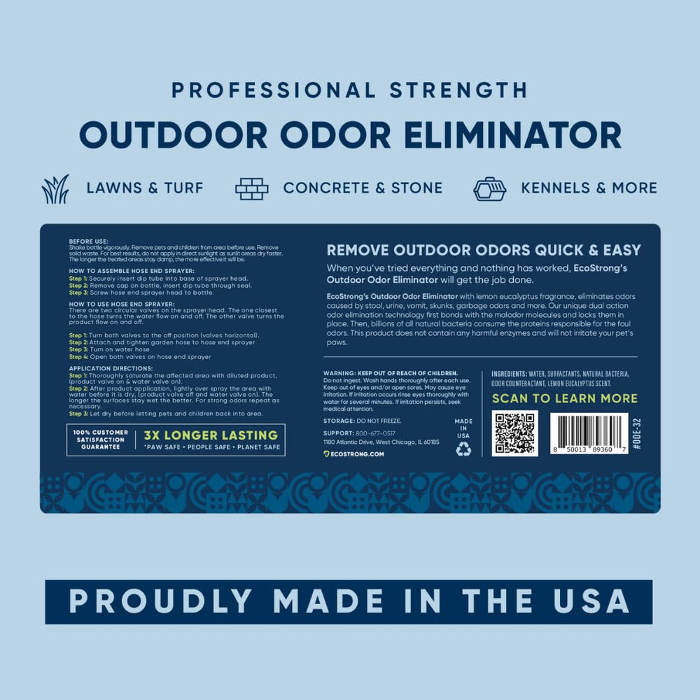 Eco Strong Outdoor Odor Eliminator made in usa label signals trusted manufacturing quality.