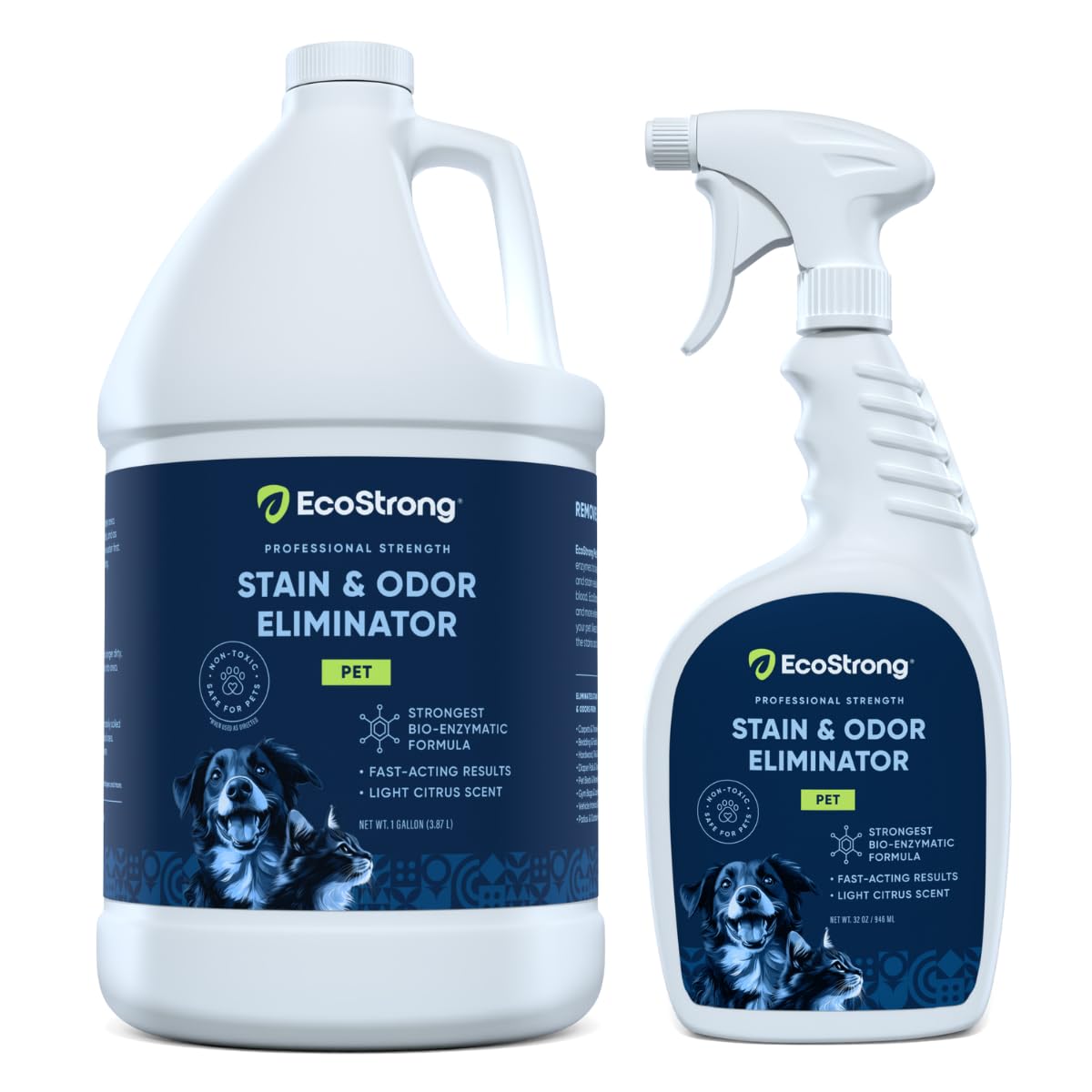 Eco Strong pet stain remover bottle demonstrates easy spray-on stain relief for carpets.