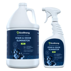 Eco Strong pet stain remover bottle demonstrates easy spray-on stain relief for carpets.