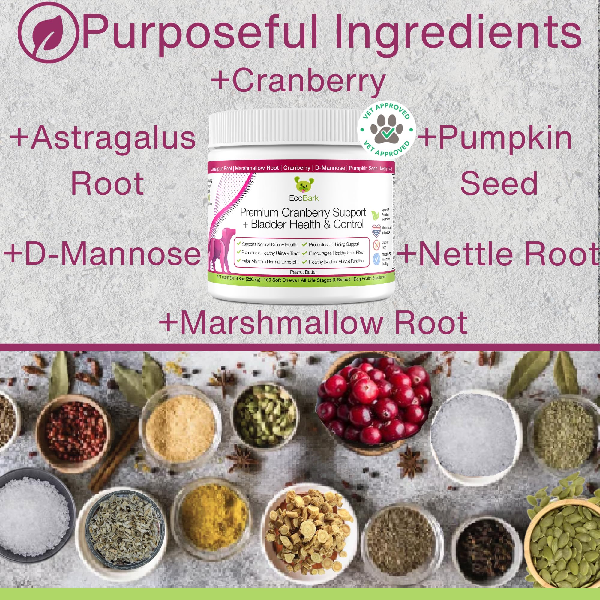 EcoBark cranberry soft chews beside water bowl illustrating daily care routine