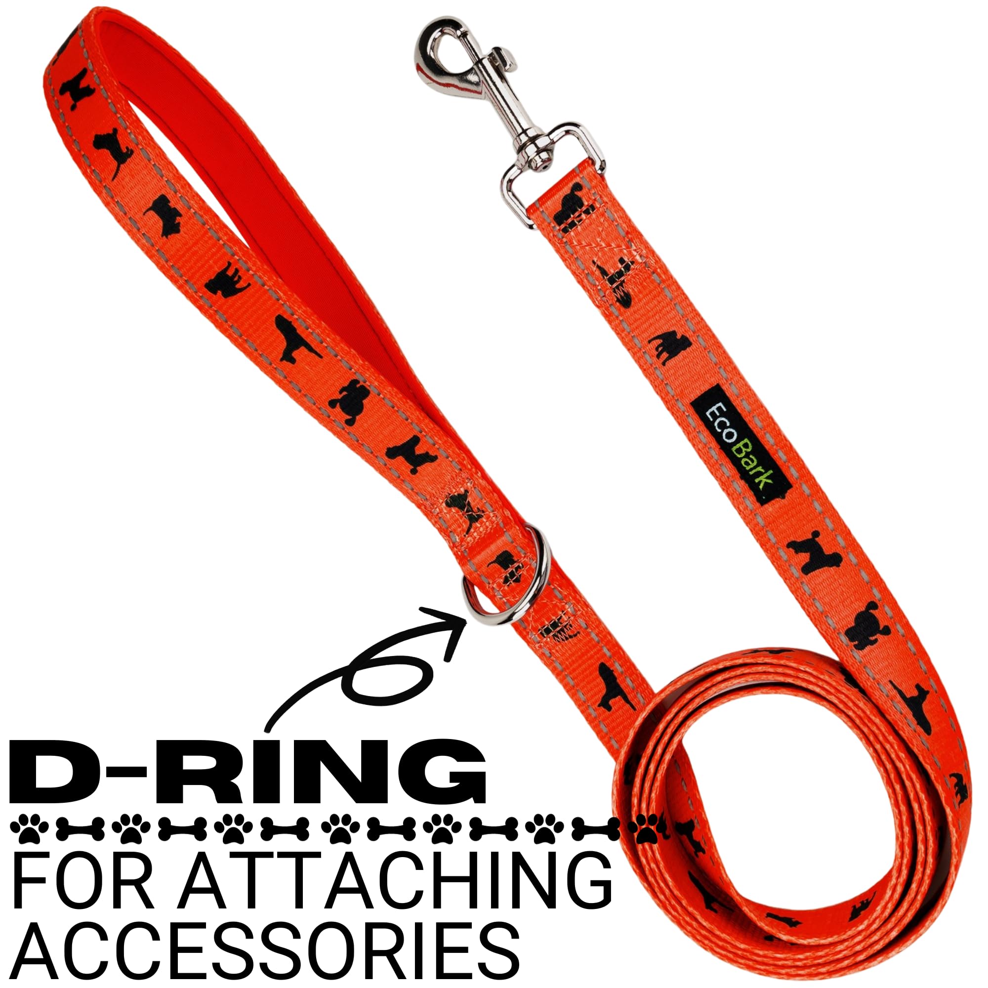 EcoBark orange leash uses durable fabric for daily wear and tear.
