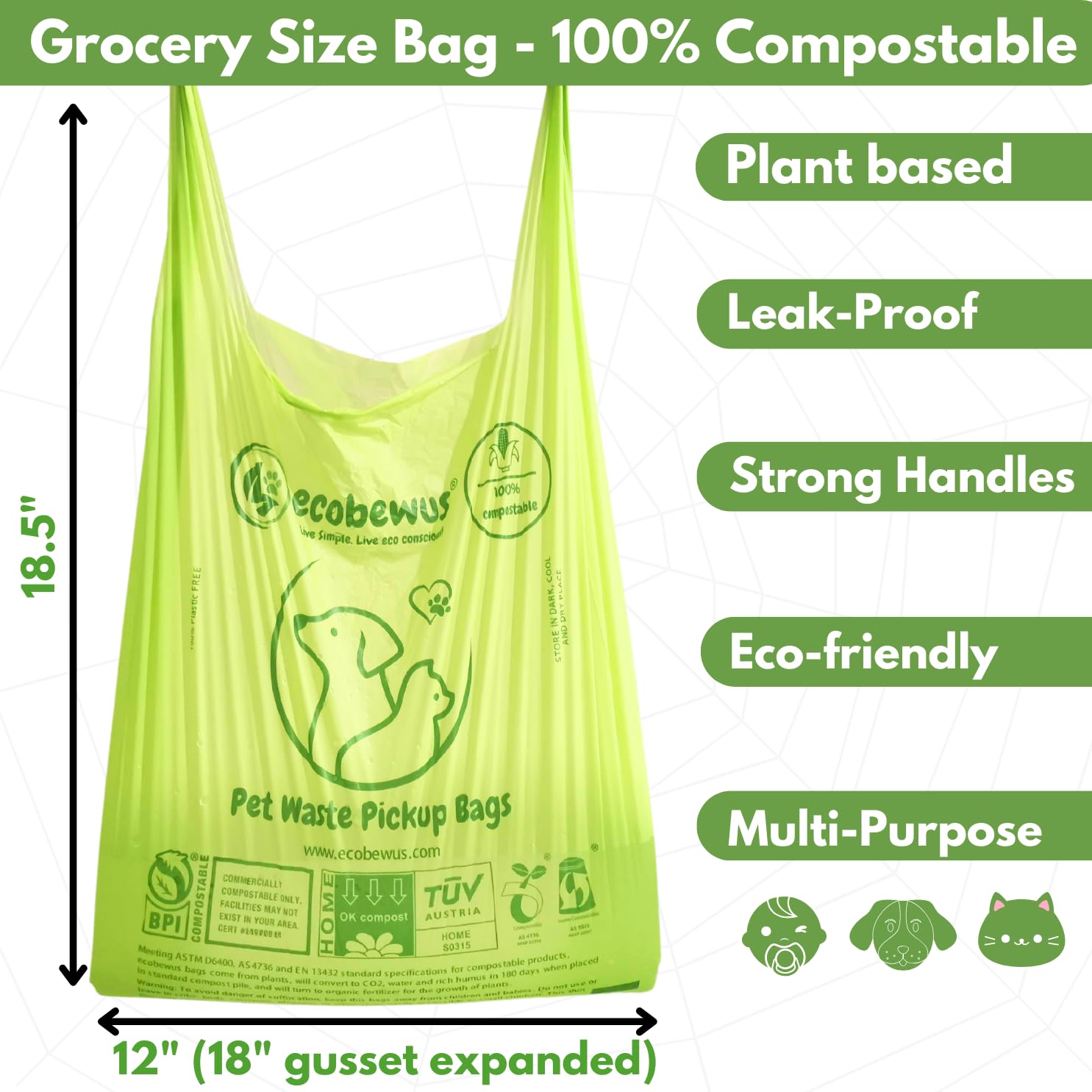 ecobewus 100 compostable bags roll shown for easy, mess-free waste disposal.