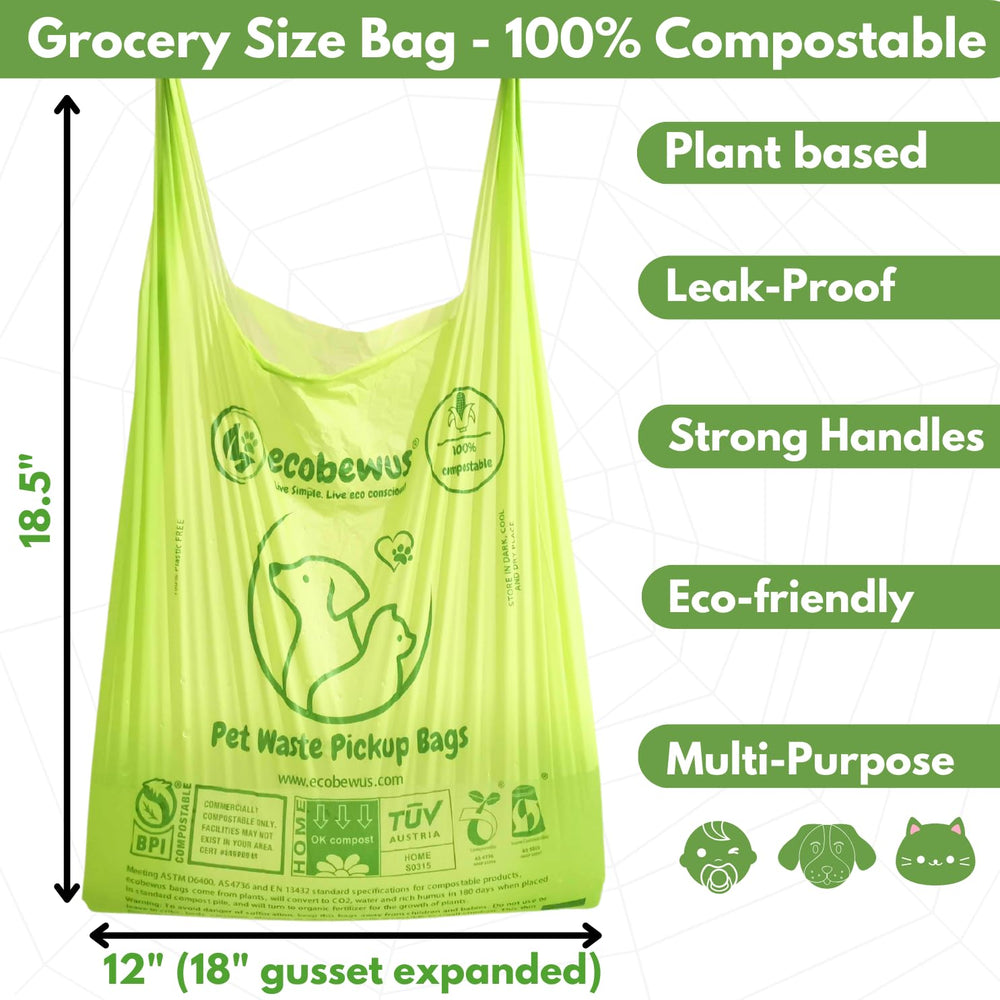 ecobewus 100 compostable bags roll shown for easy, mess-free waste disposal.