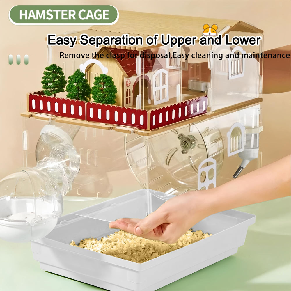 EcoCen hamster cage two-layer design with connecting tube enabling upper and lower exploration.