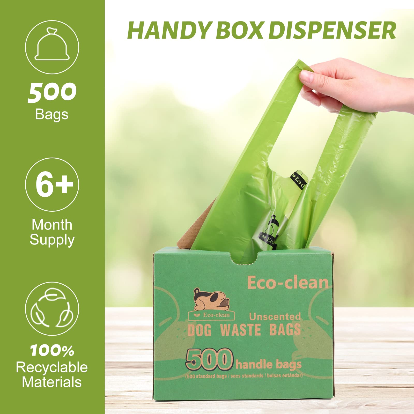ECO-CLEAN 500-count packaging emphasizes cost-effective, mess-free dog cleanup.
