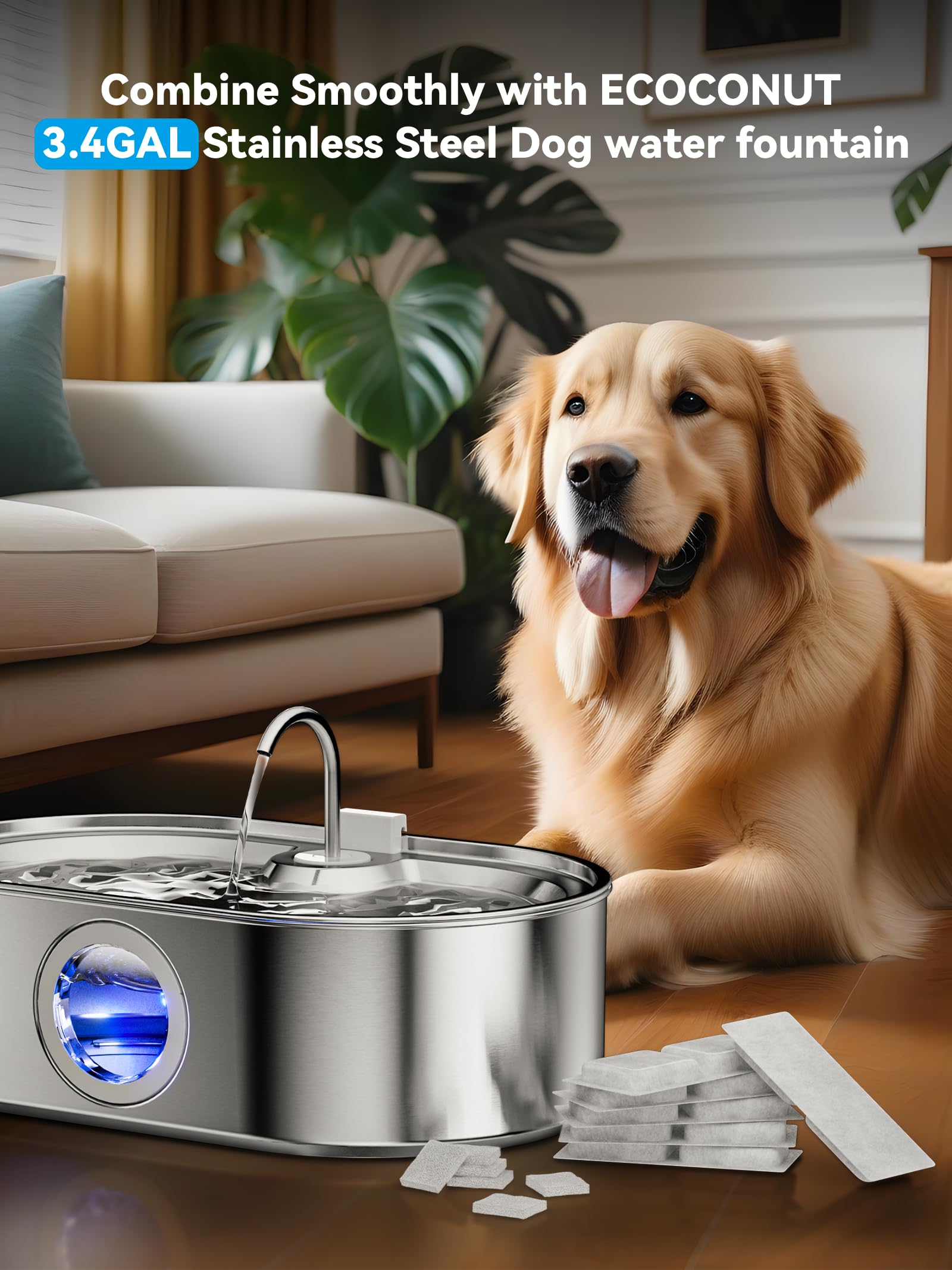 ECOCONUT 3.4Gal fountain, wide drinking area, supports comfortable drinking for large breeds.
