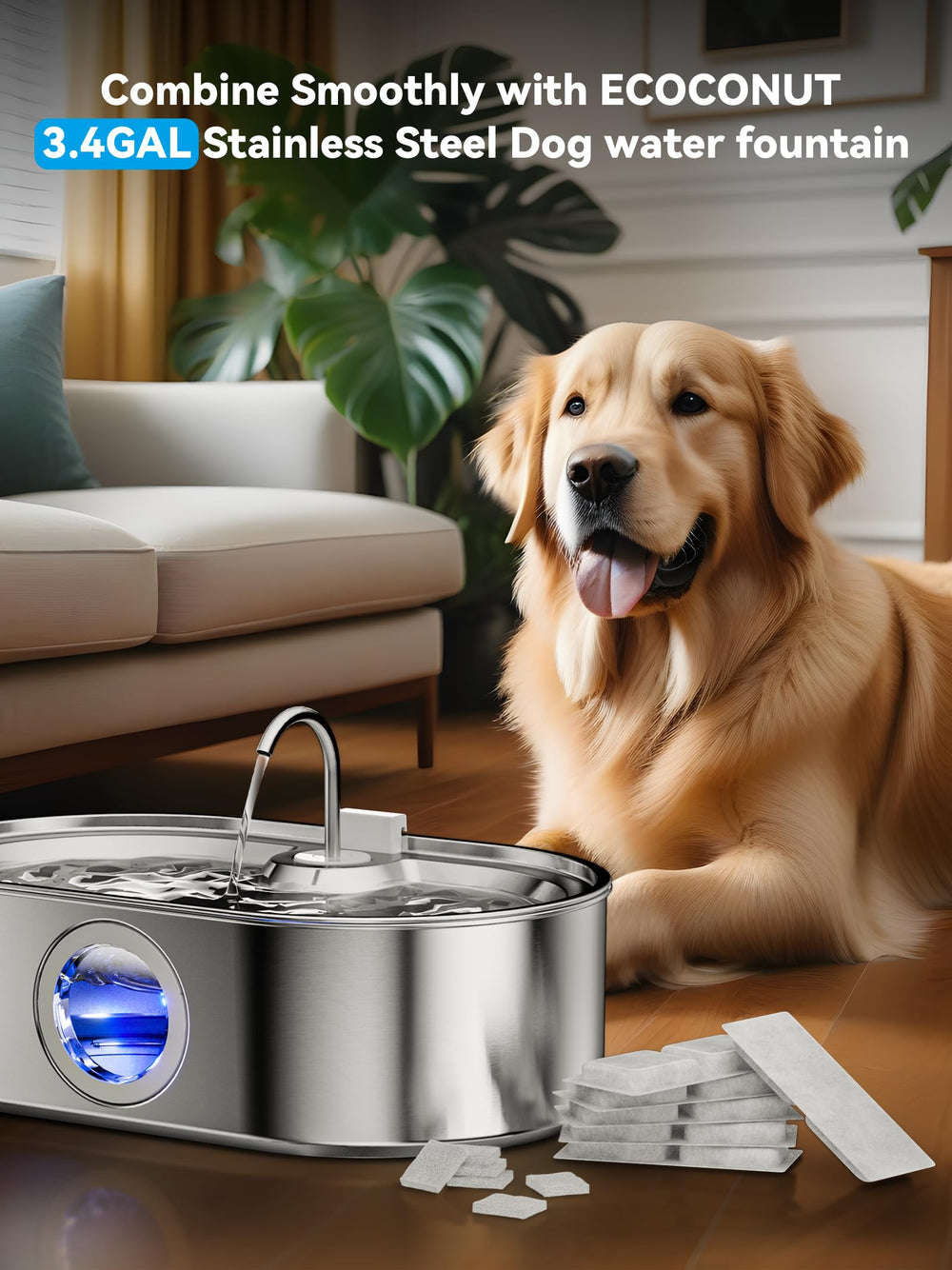 ECOCONUT 3.4Gal fountain, wide drinking area, supports comfortable drinking for large breeds.