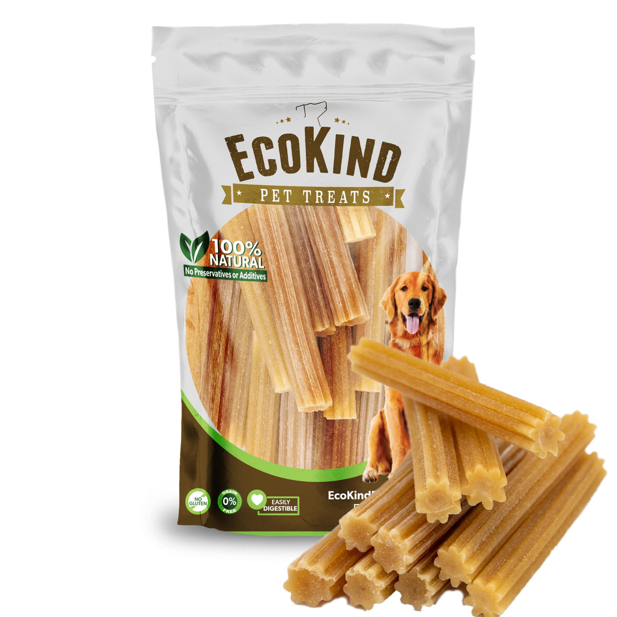EcoKind Pet Treats Premium Gold Churro Chews packaging shows a natural, long-lasting chew for busy dogs.