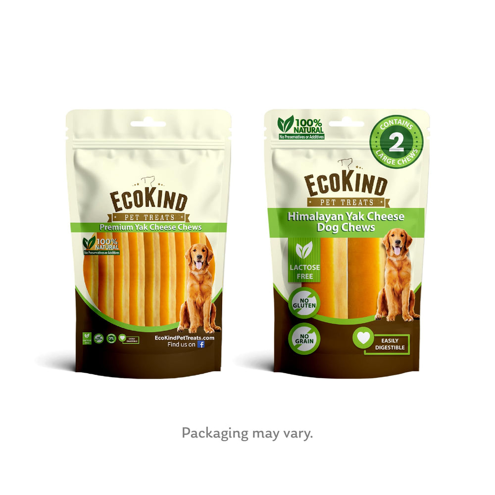 EcoKind Premium Gold Yak Chews for aggressive chewers features big dogs enjoying the treat.