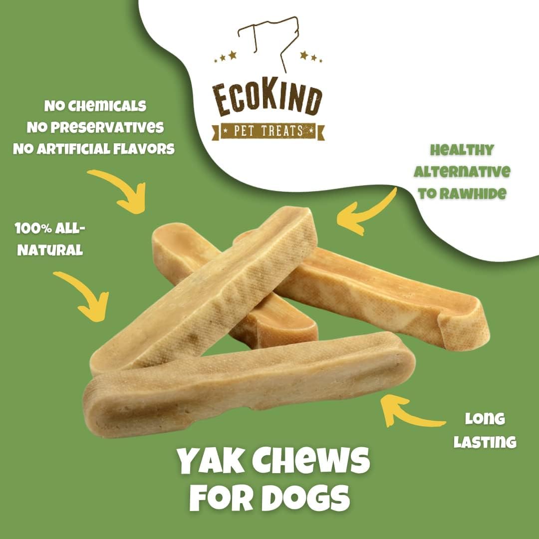 EcoKind Premium Gold Yak Chews large-stick image highlights aggressive chewers.