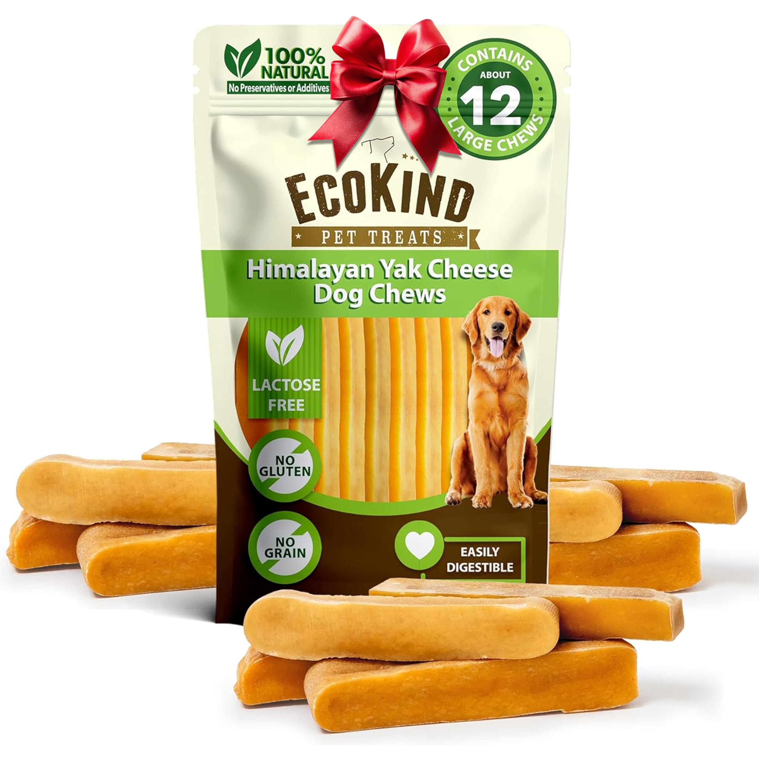 EcoKind Premium Gold Yak Chews packaging signaling all-natural, long-lasting dog treats