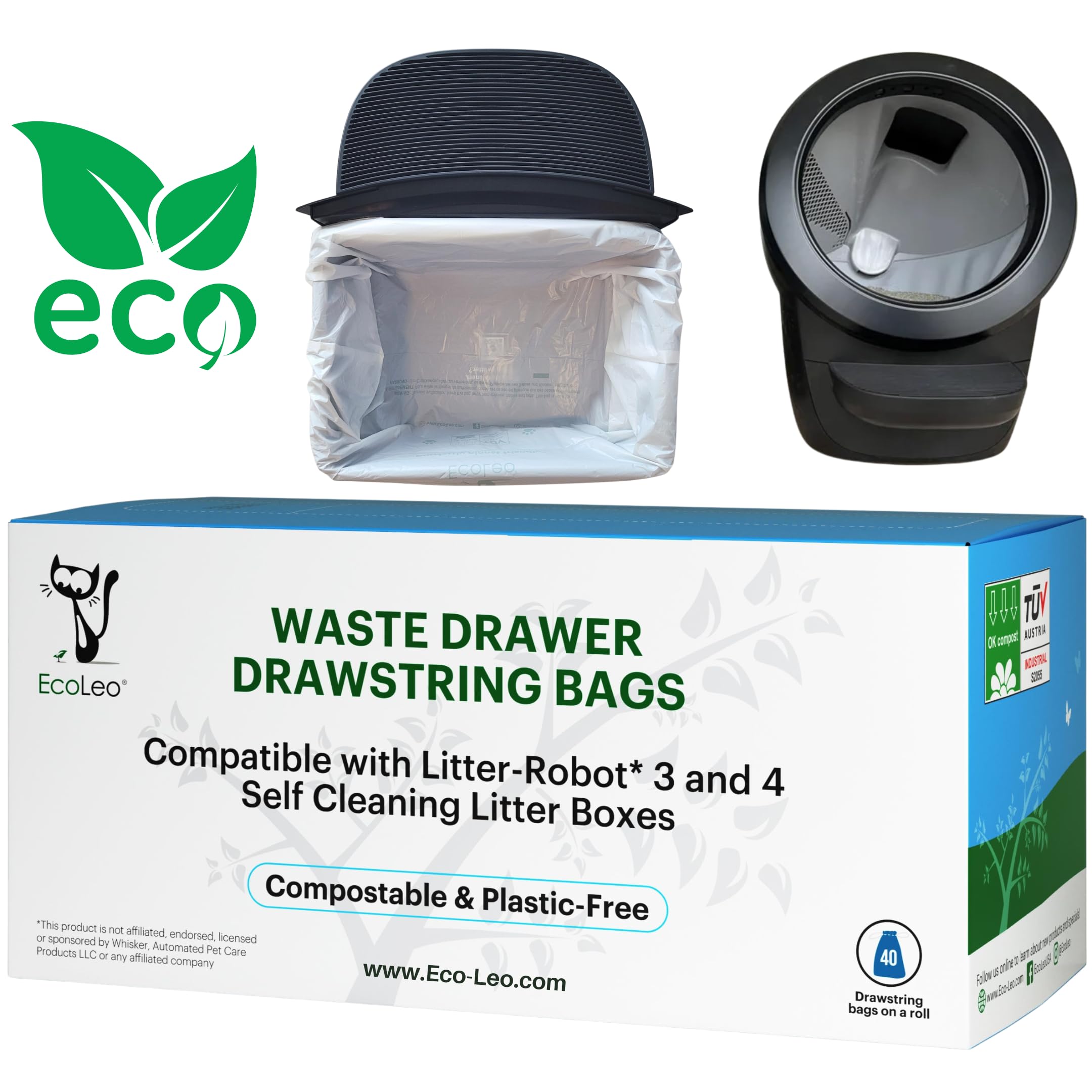 EcoLeo compostable-litter-box-liner-pack shows plastic-free waste containment for automatic boxes.