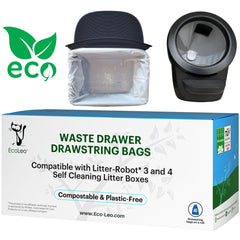EcoLeo compostable-litter-box-liner-pack shows plastic-free waste containment for automatic boxes.
