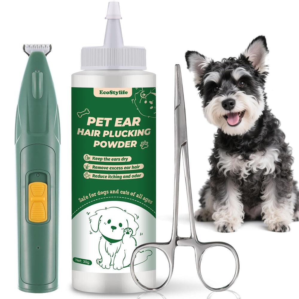 EcoStylife dog ear powder application reduces moisture and odors for a cleaner ear canal.