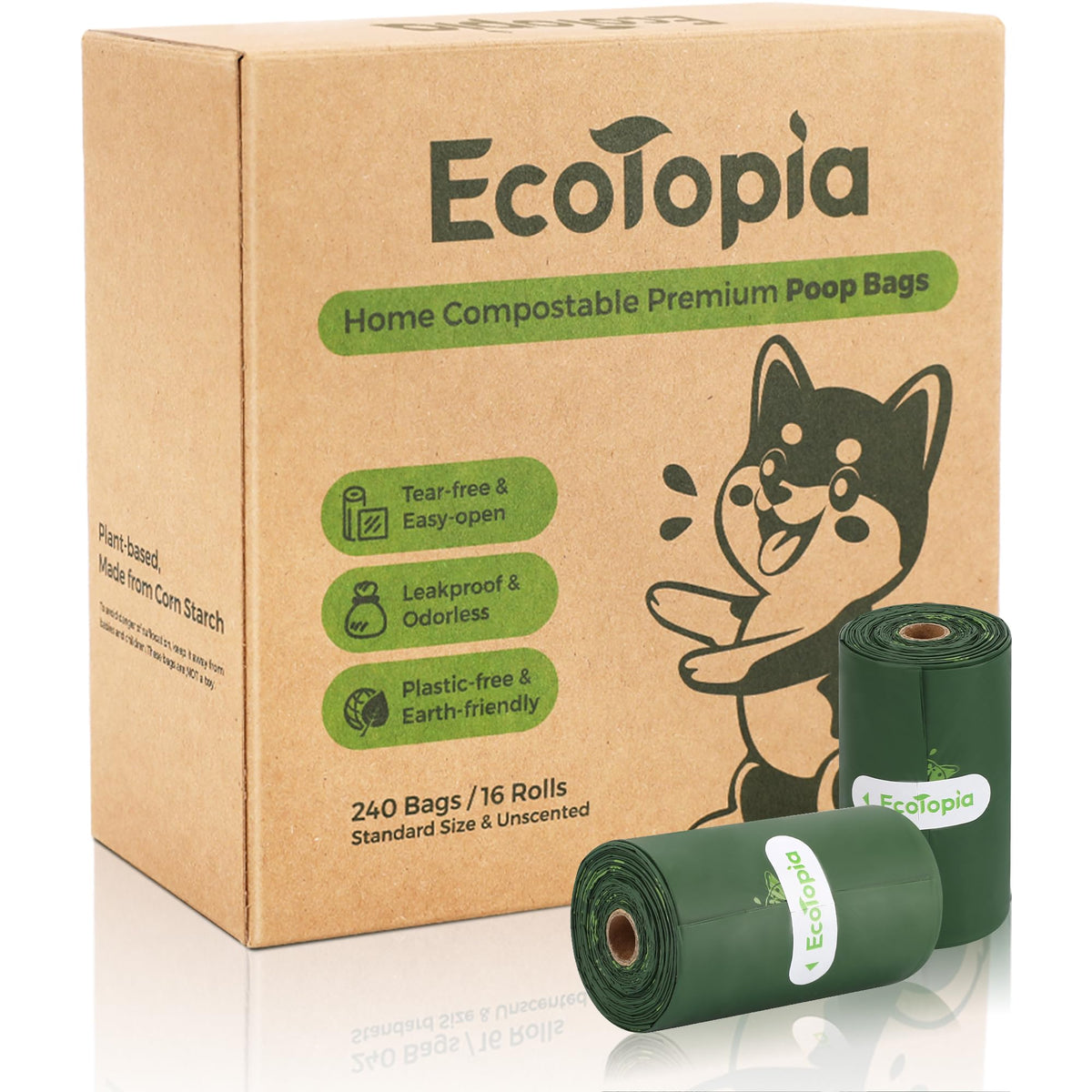 EcoTopia tear-free poop bags dispenser shows easy pull for quick cleanup