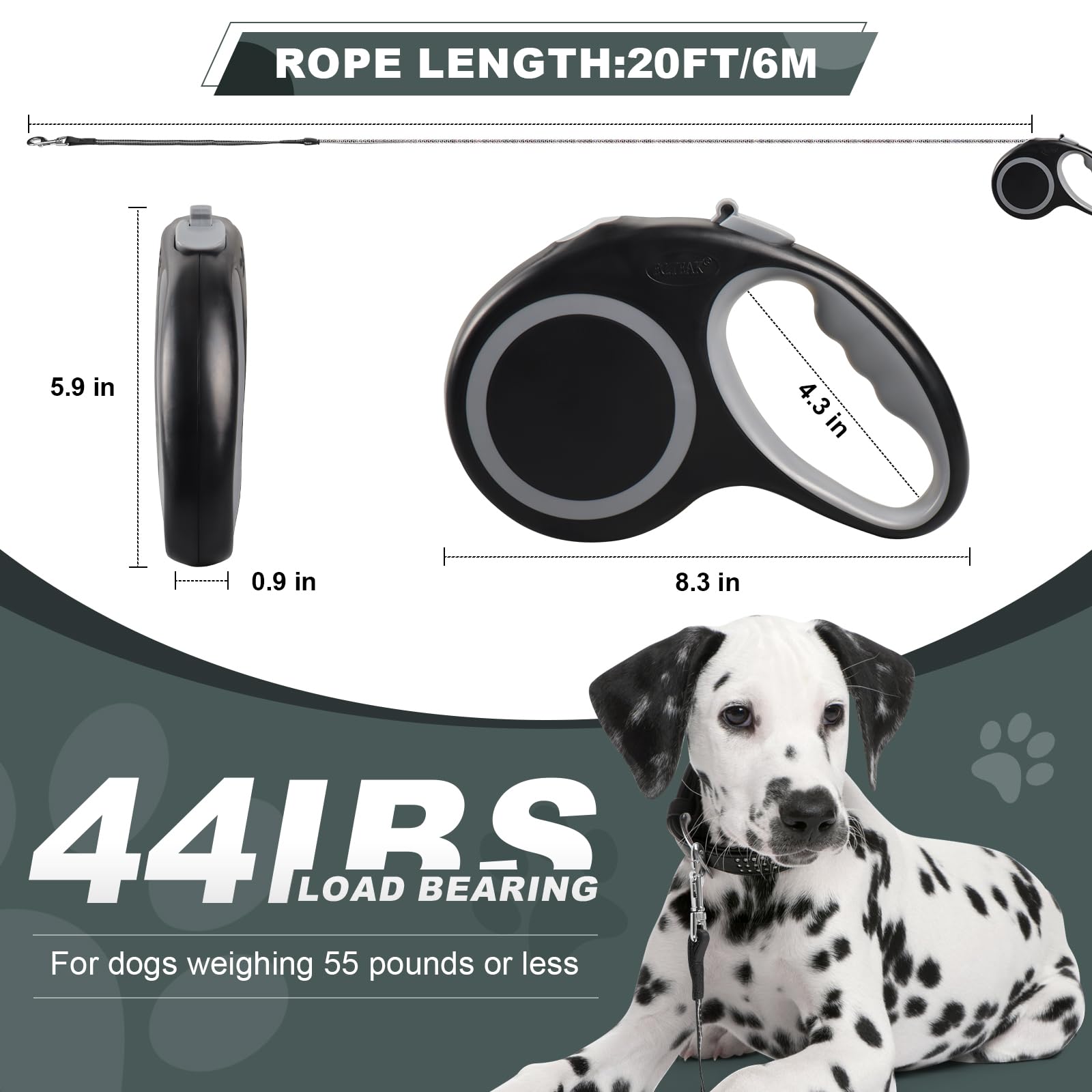 EC.TEAK retractable dog leash 20ft handle closeup shows ergonomic, anti-slip grip.