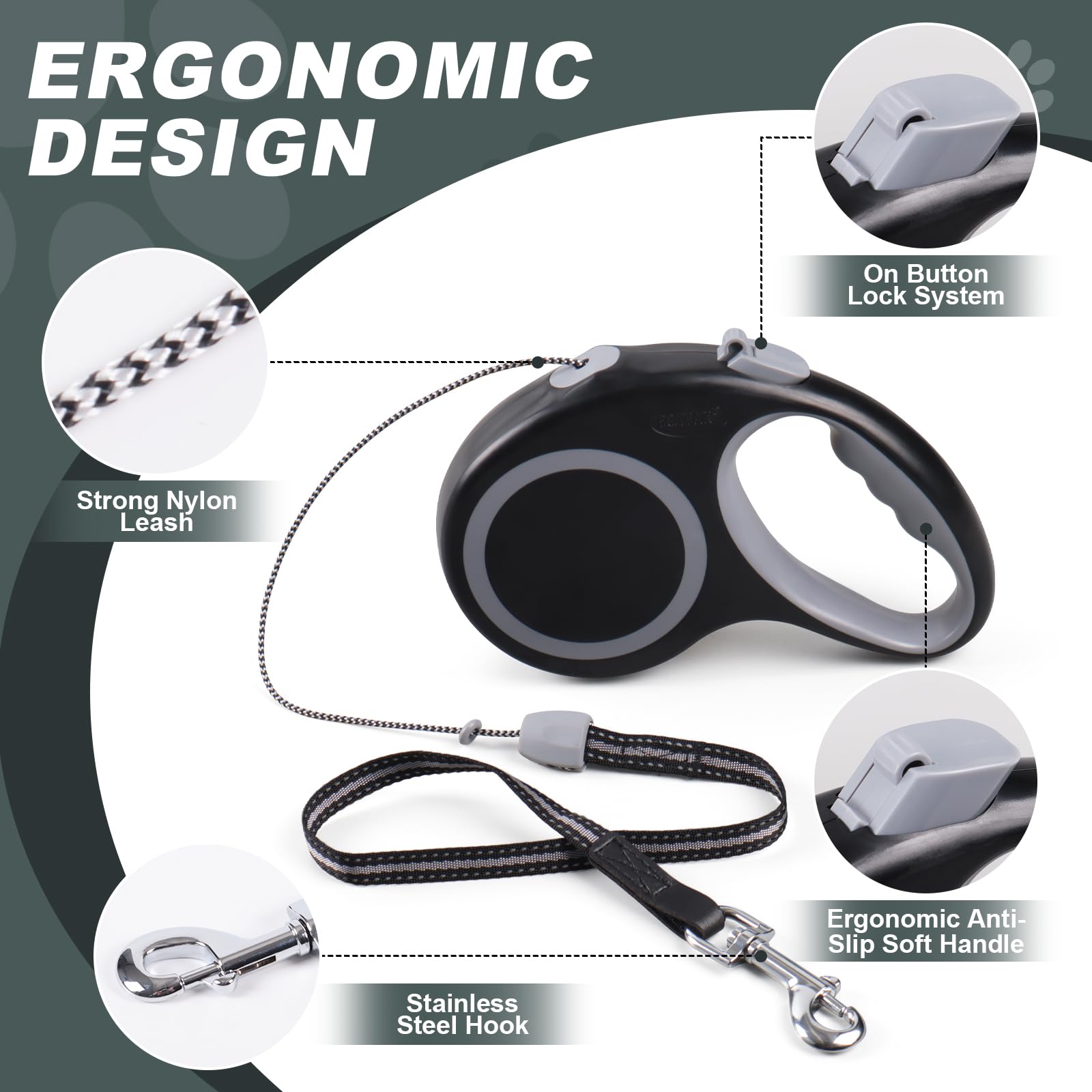EC.TEAK retractable dog leash 20ft lock button for easy one-handed control.