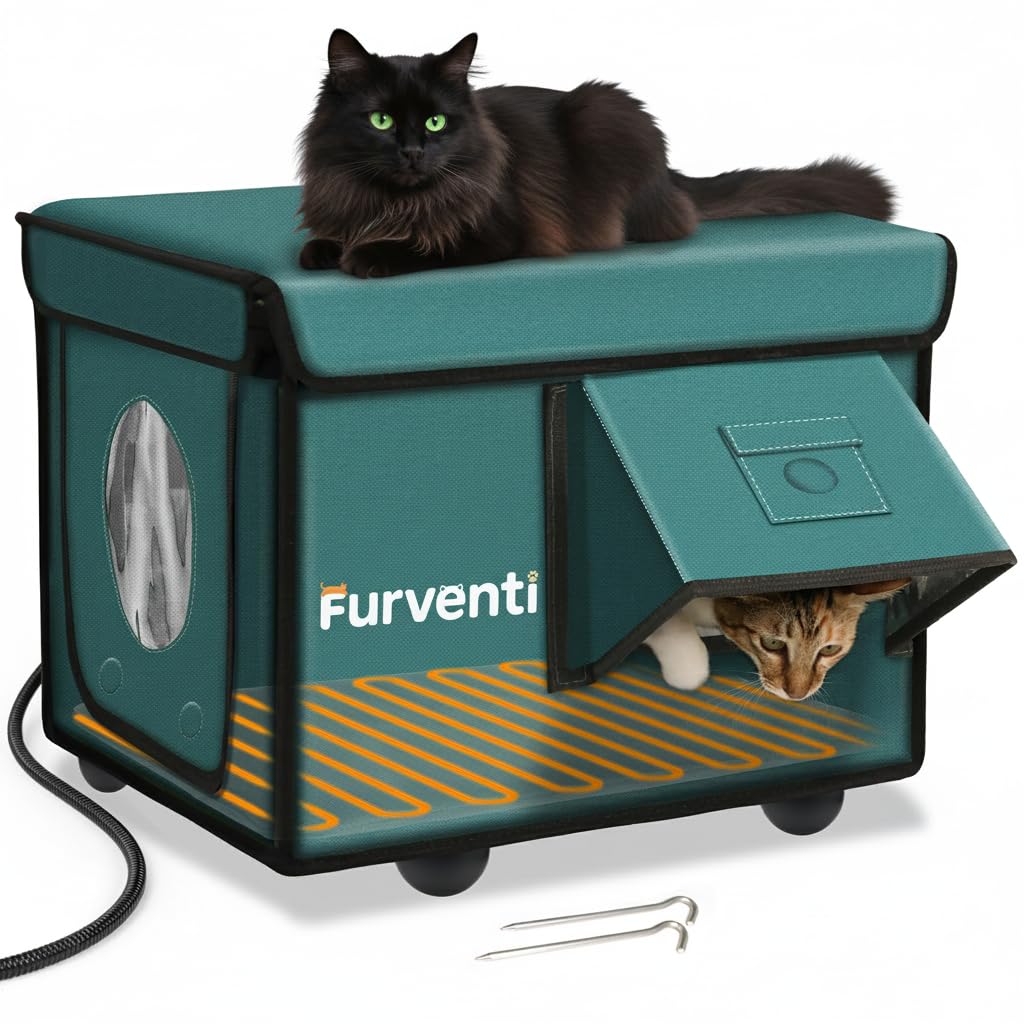 Eekkii heated cat house with dual doors provides secure outdoor shelter for cats.