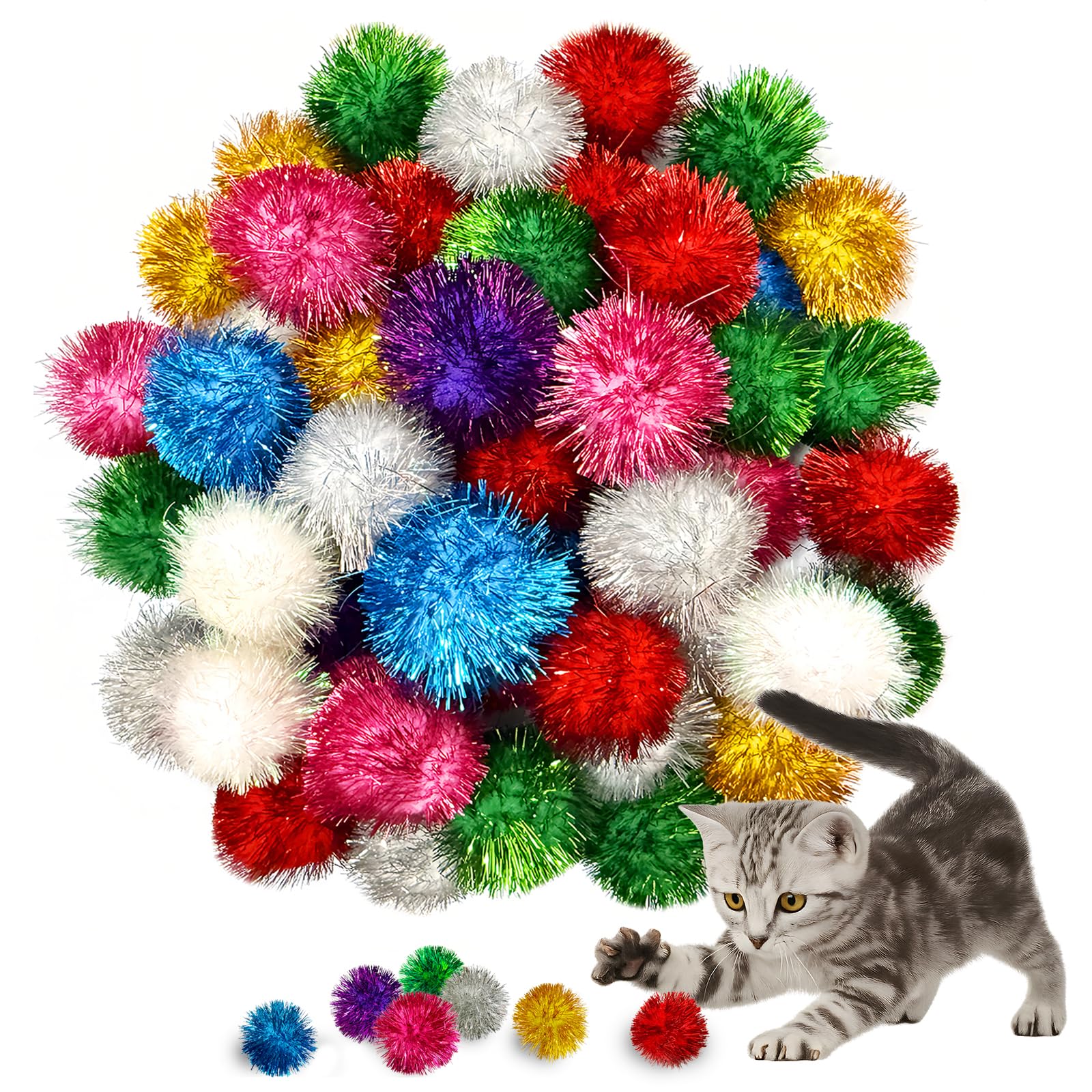 Eerrhhaq 50pcs cat pom pom balls pack shows bright colors for engaging indoor play.