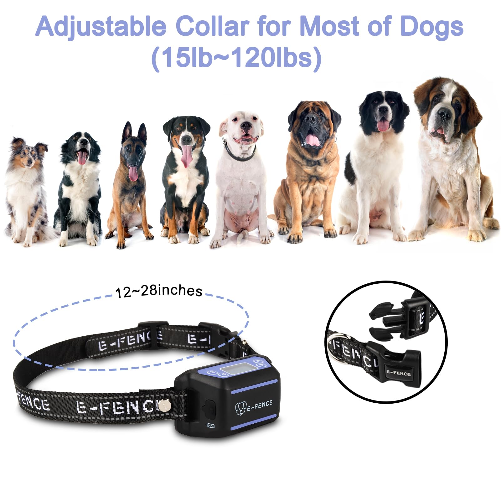 E-FENCE adjustable alarm intensity on-dog fence collar for responsive training.