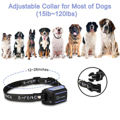 E-FENCE adjustable alarm intensity on-dog fence collar for responsive training.