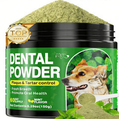 Eglagen dog dental powder packaging shows natural blend for fresh breath support