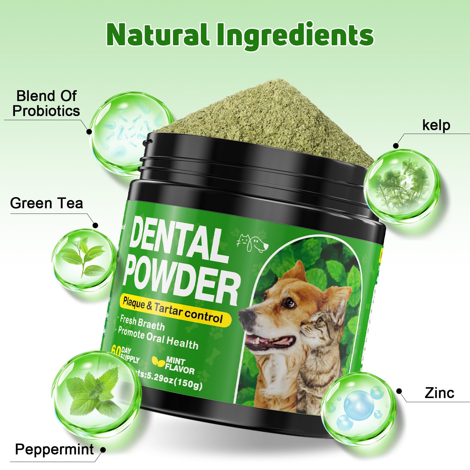 Eglagen dog dental powder tub closeup highlights probiotic formula