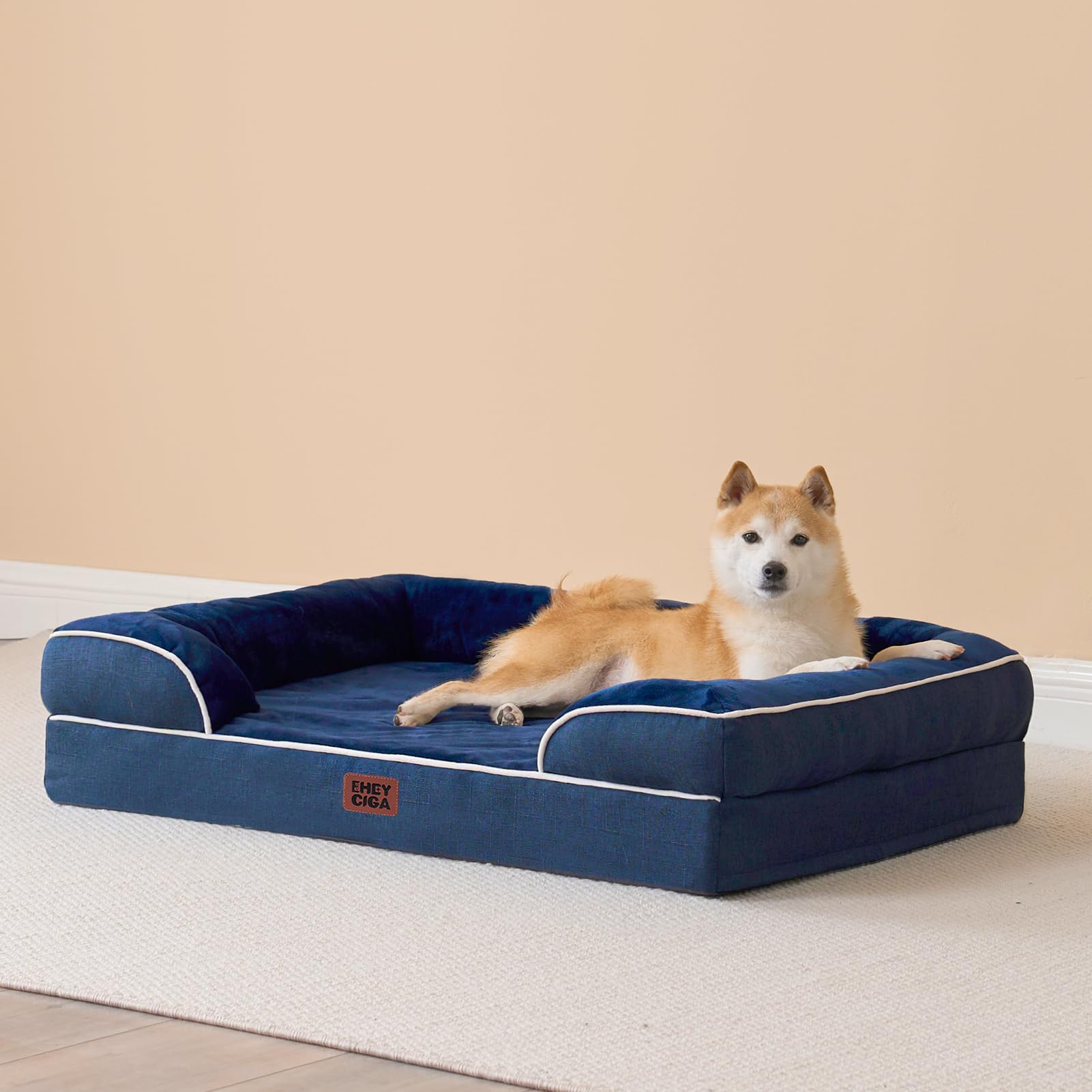 EHEYCIGA bed size range showing medium, large, XL for different dogs.