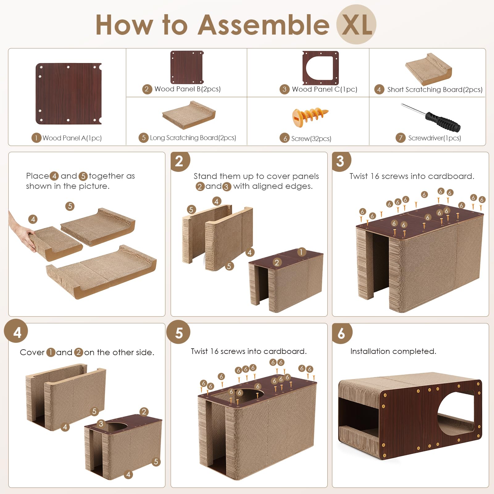 EHEYCIGA cardboard cat scratcher house assembly-guide shows quick setup.