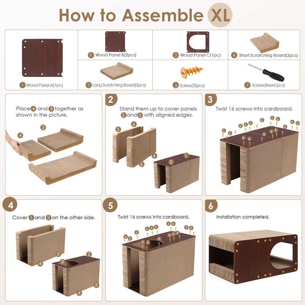 EHEYCIGA cardboard cat scratcher house assembly-guide shows quick setup.