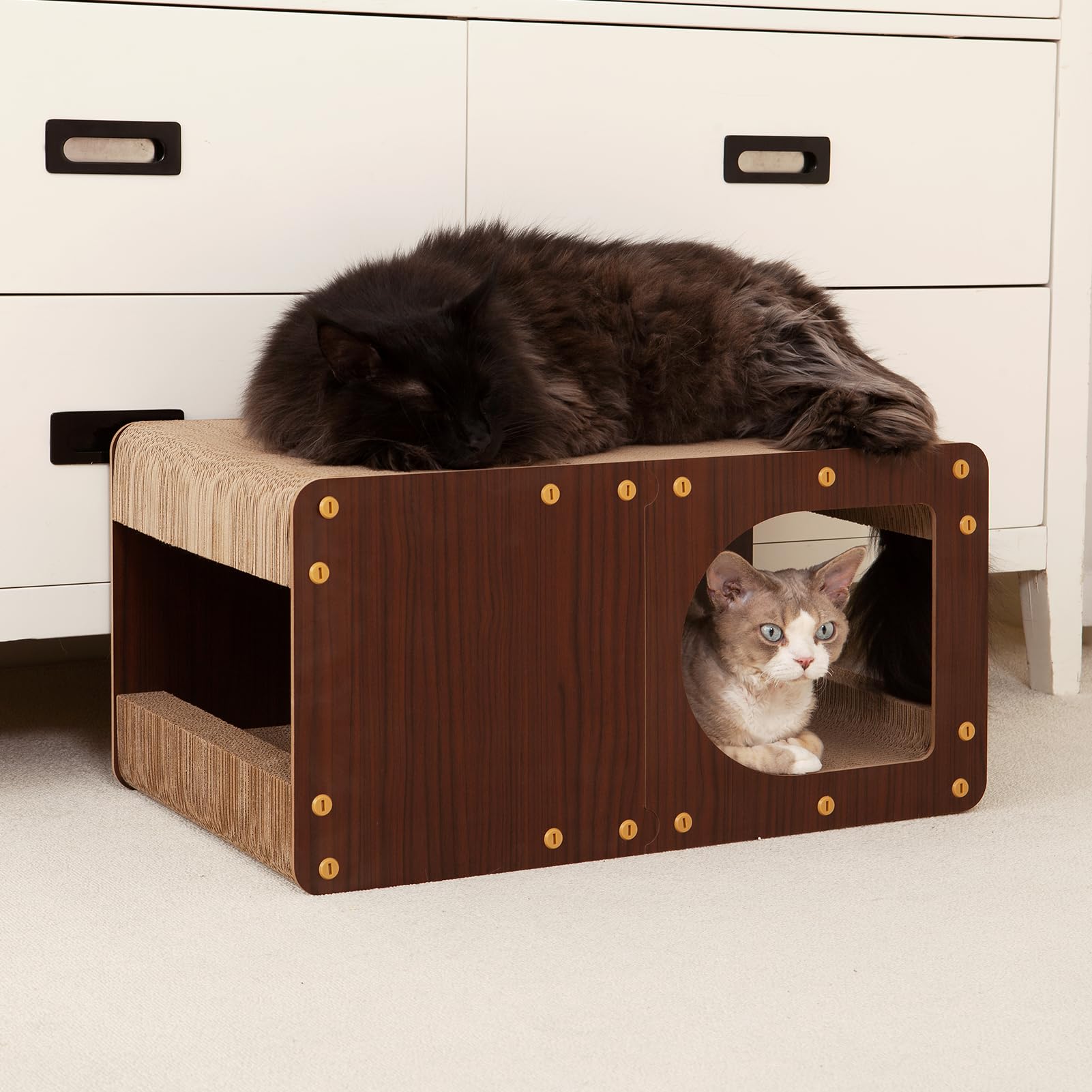 EHEYCIGA cardboard cat scratcher house indoor-use-scene shows cat relaxing and scratching.