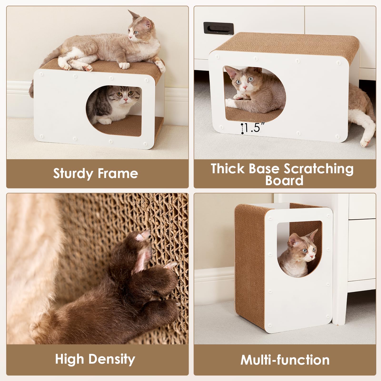 EHEYCIGA cardboard cat scratcher house durable, wooden frame provides stability during vigorous scratching.