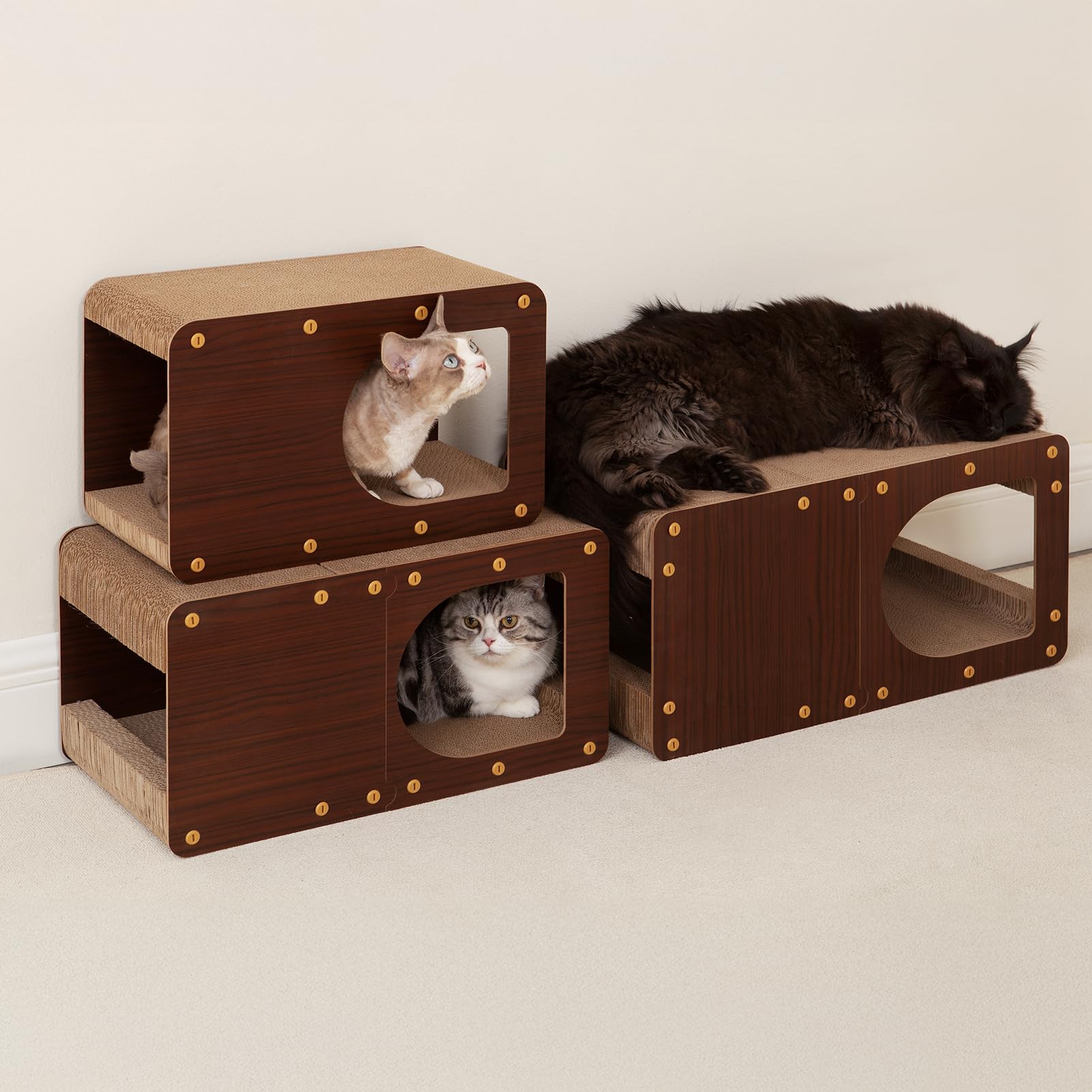 EHEYCIGA cardboard cat scratcher house in use with a curled cat