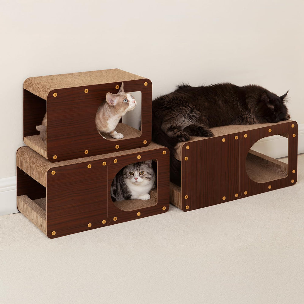 EHEYCIGA cardboard cat scratcher house in use with a curled cat