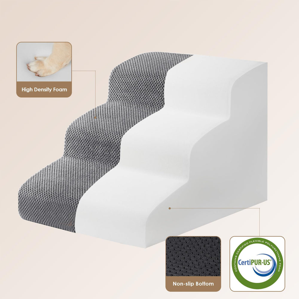 EHEYCIGA curved dog stairs 3-step detail highlights gentle incline for easy climbs.