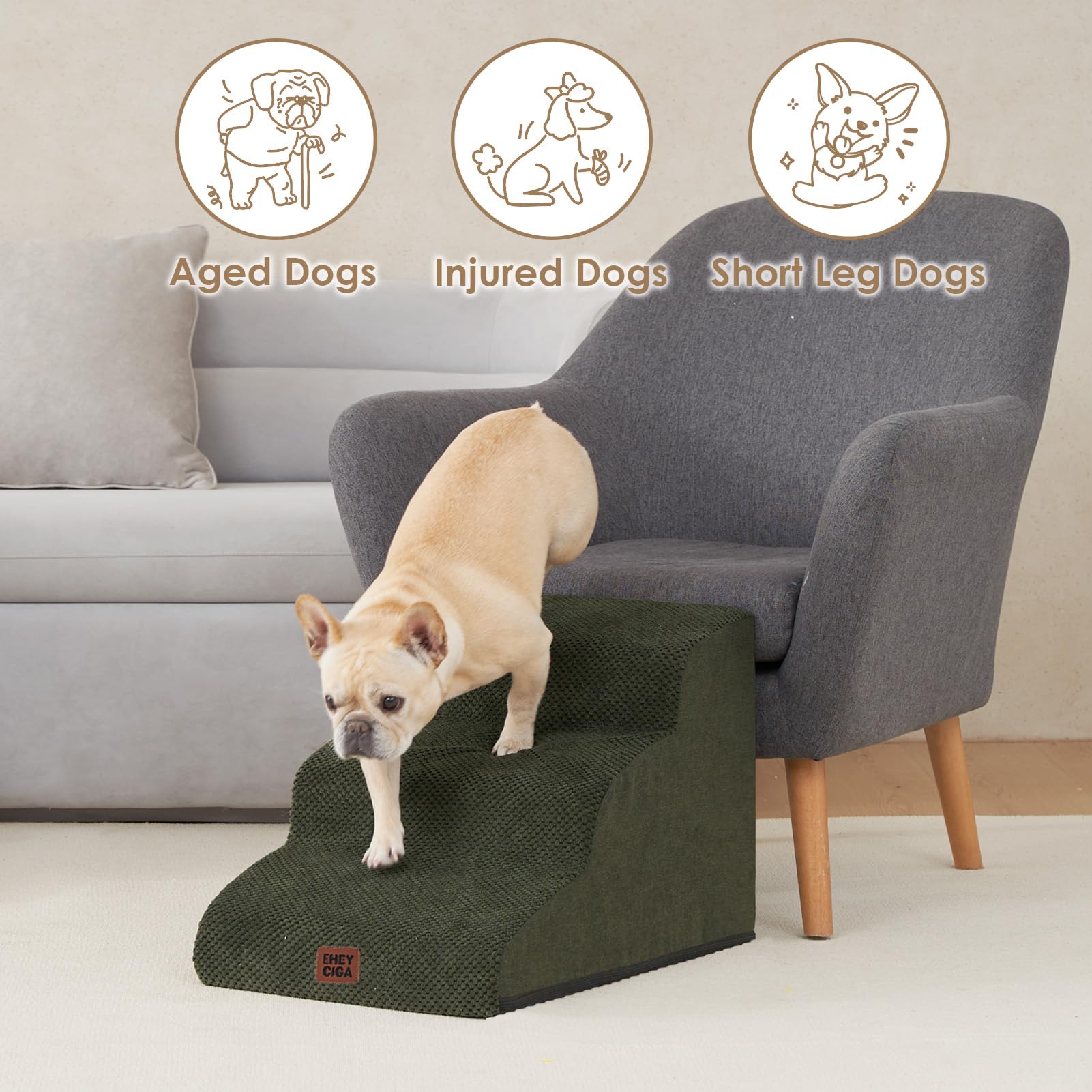 EHEYCIGA curved dog stairs 3-step usage illustrates comfortable height and gentle incline.
