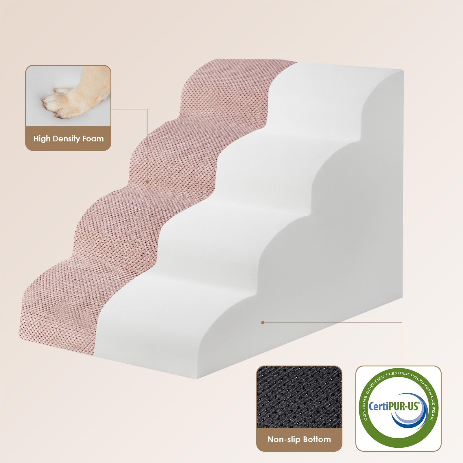 EHEYCIGA curved dog stairs four-step dusty pink ready for small pets