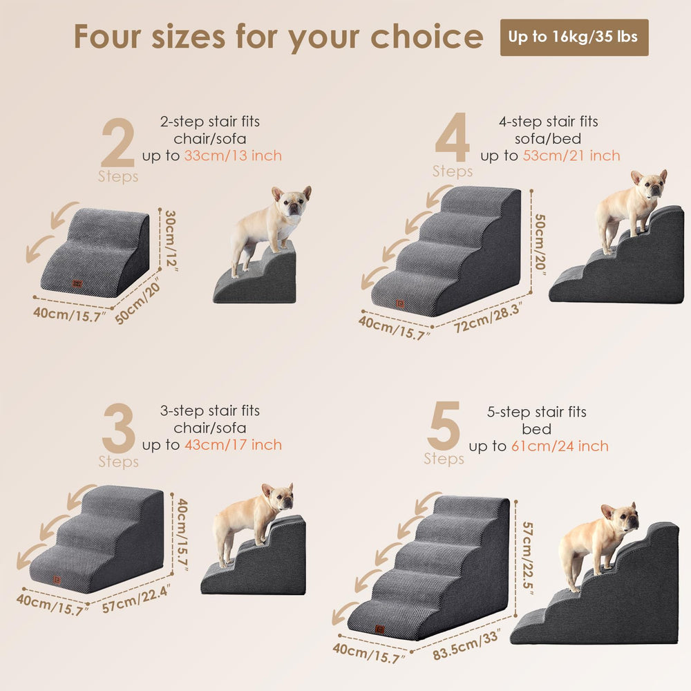 EHEYCIGA curved dog stairs 4-step setup fits beds up to 21 inches.