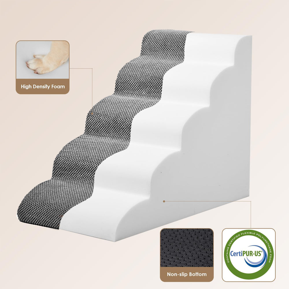 EHEYCIGA curved dog stairs 5-step front view demonstrates accessible height reach.