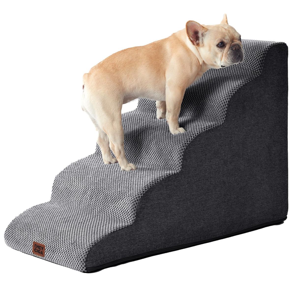 EHEYCIGA curved dog stairs 5-step side view helps small dogs reach high beds.