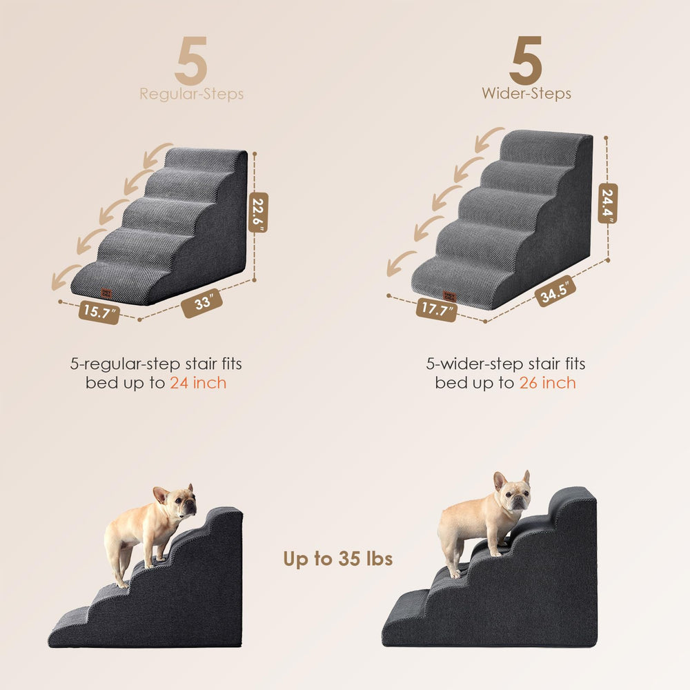 EHEYCIGA curved dog stairs 5-step frame demonstrates wide steps for larger pets.