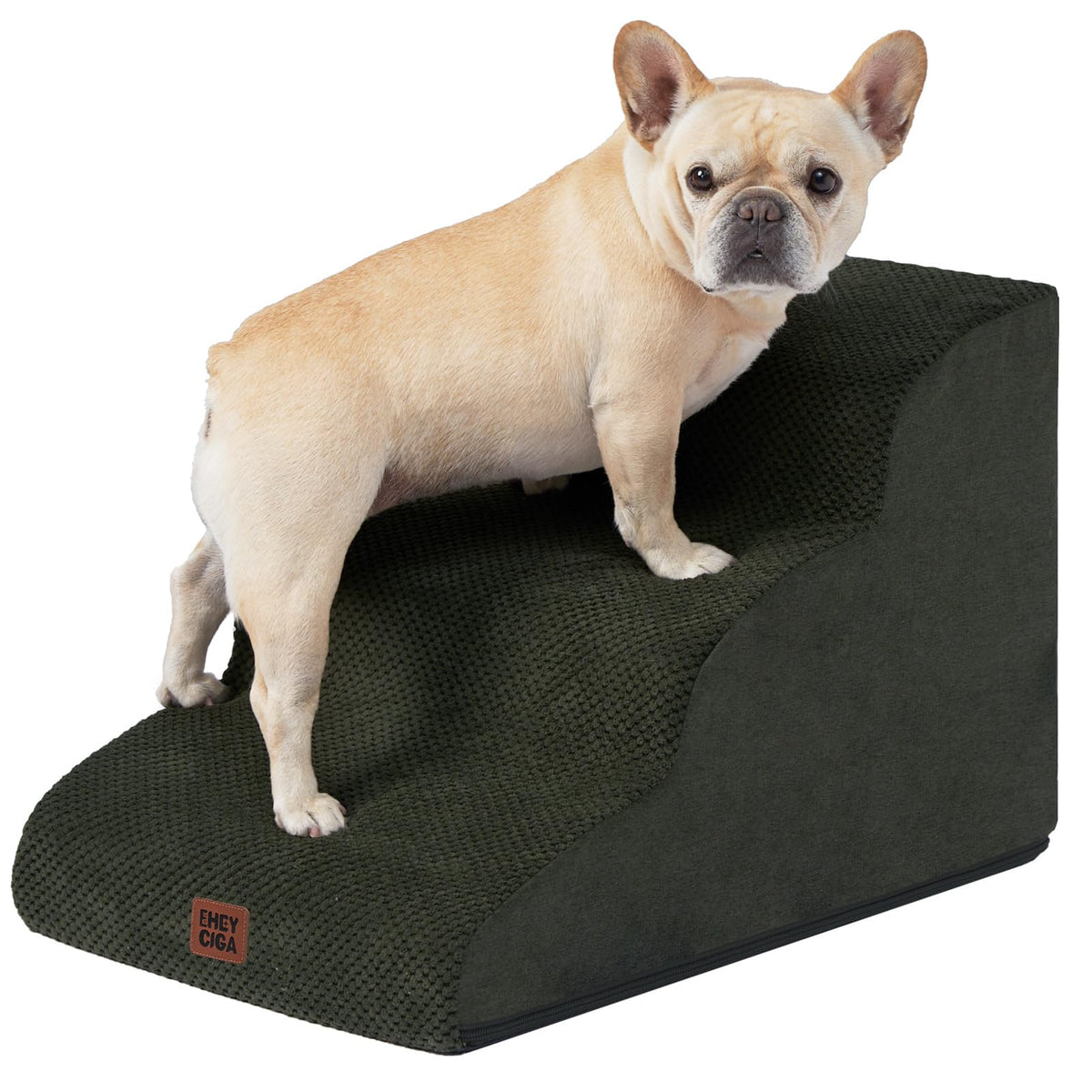 EHEYCIGA curved dog stairs assembly shows sturdy foam and curved edge for easy pet access.