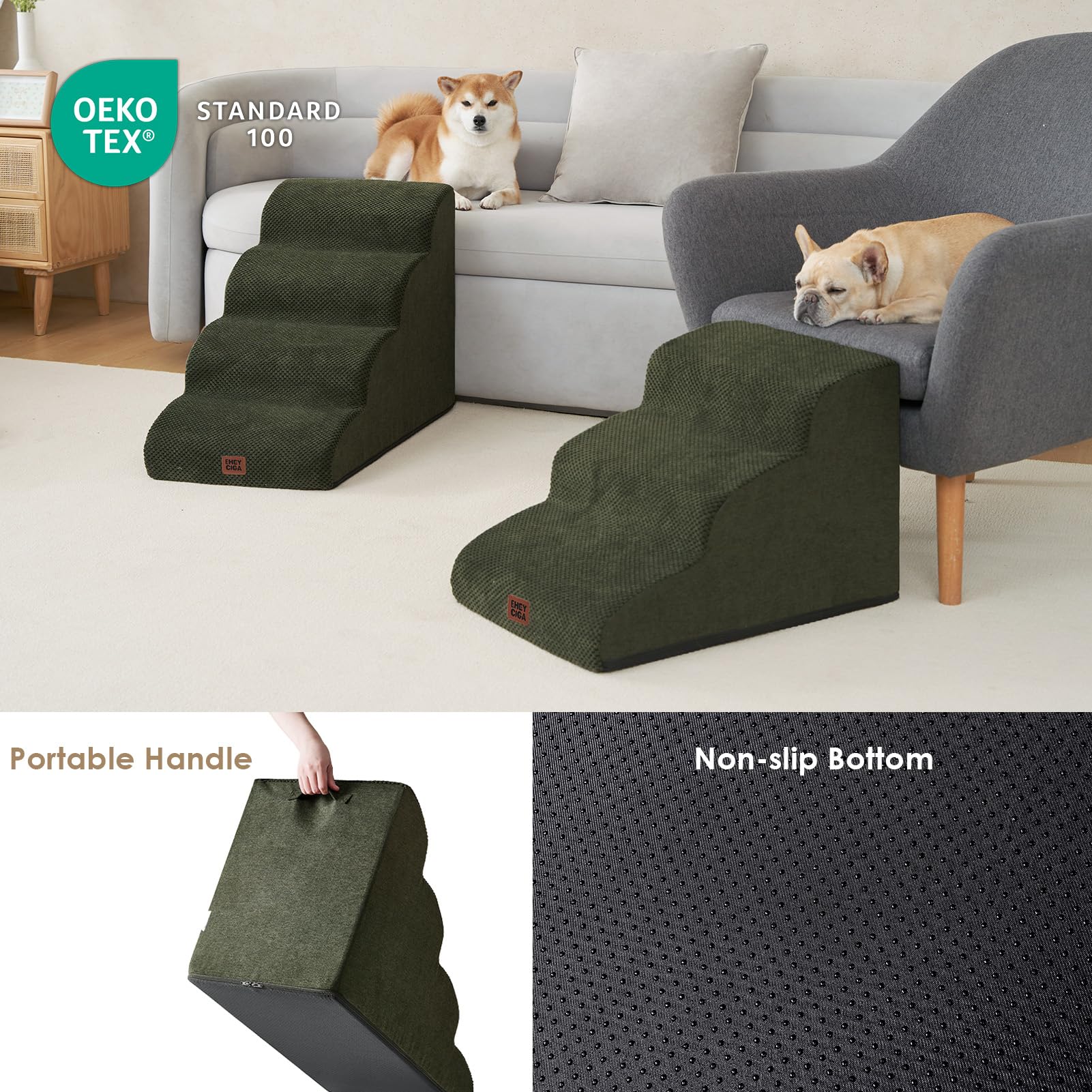 EHEYCIGA curved dog stairs bed-edge-fit demonstrates easy furniture access for small pets.