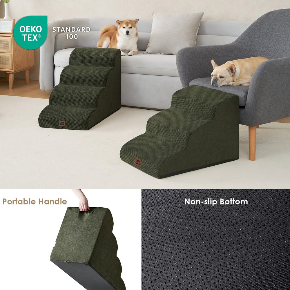 EHEYCIGA curved dog stairs bed-edge-fit demonstrates easy furniture access for small pets.