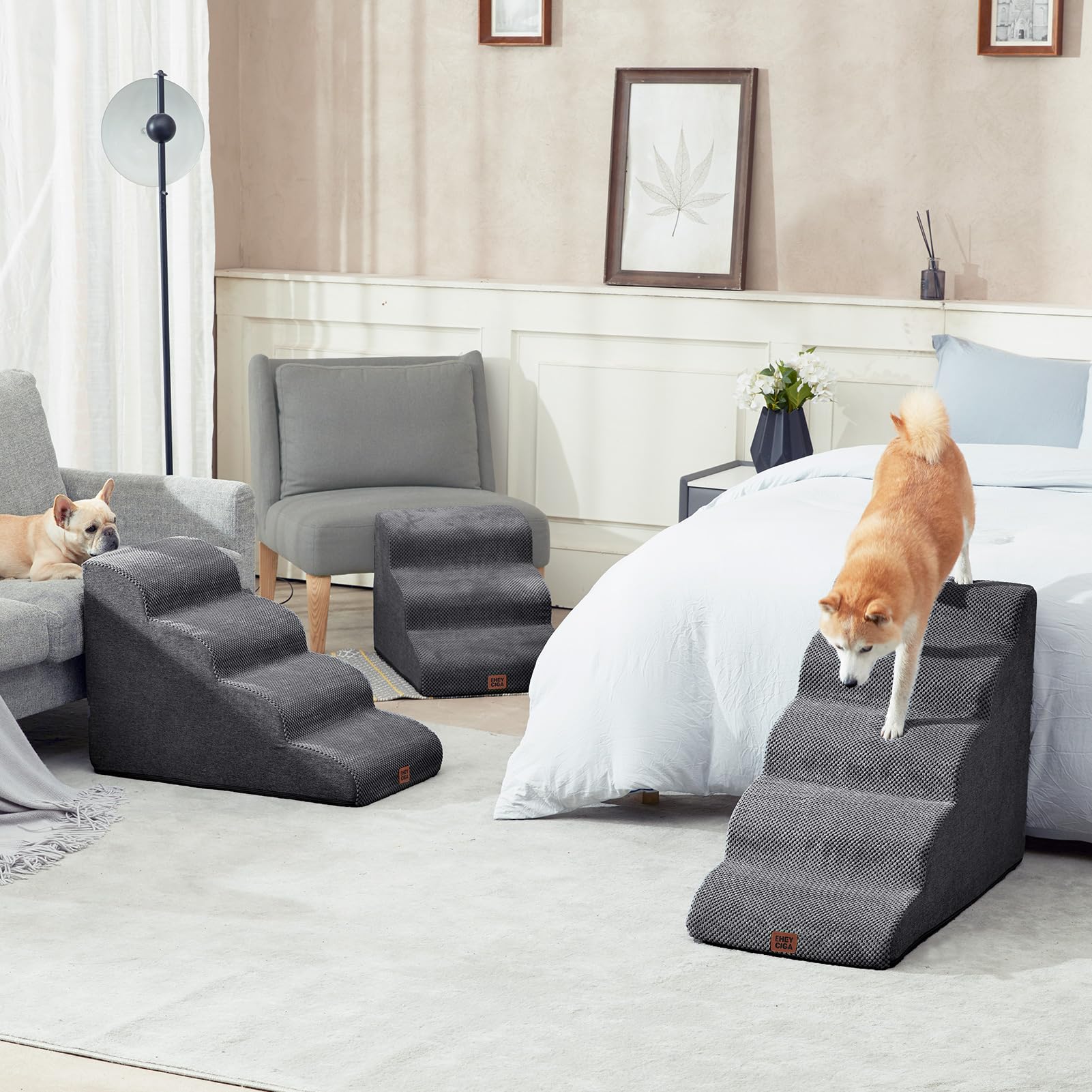 EHEYCIGA curved dog stairs in a cozy bedroom setup for pets.