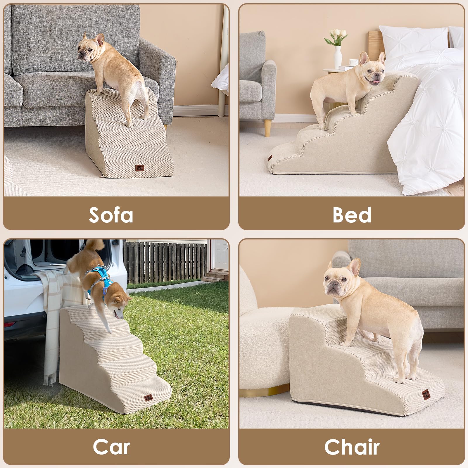 EHEYCIGA curved dog stairs beige bed-edge fit shows edge-aligned placement