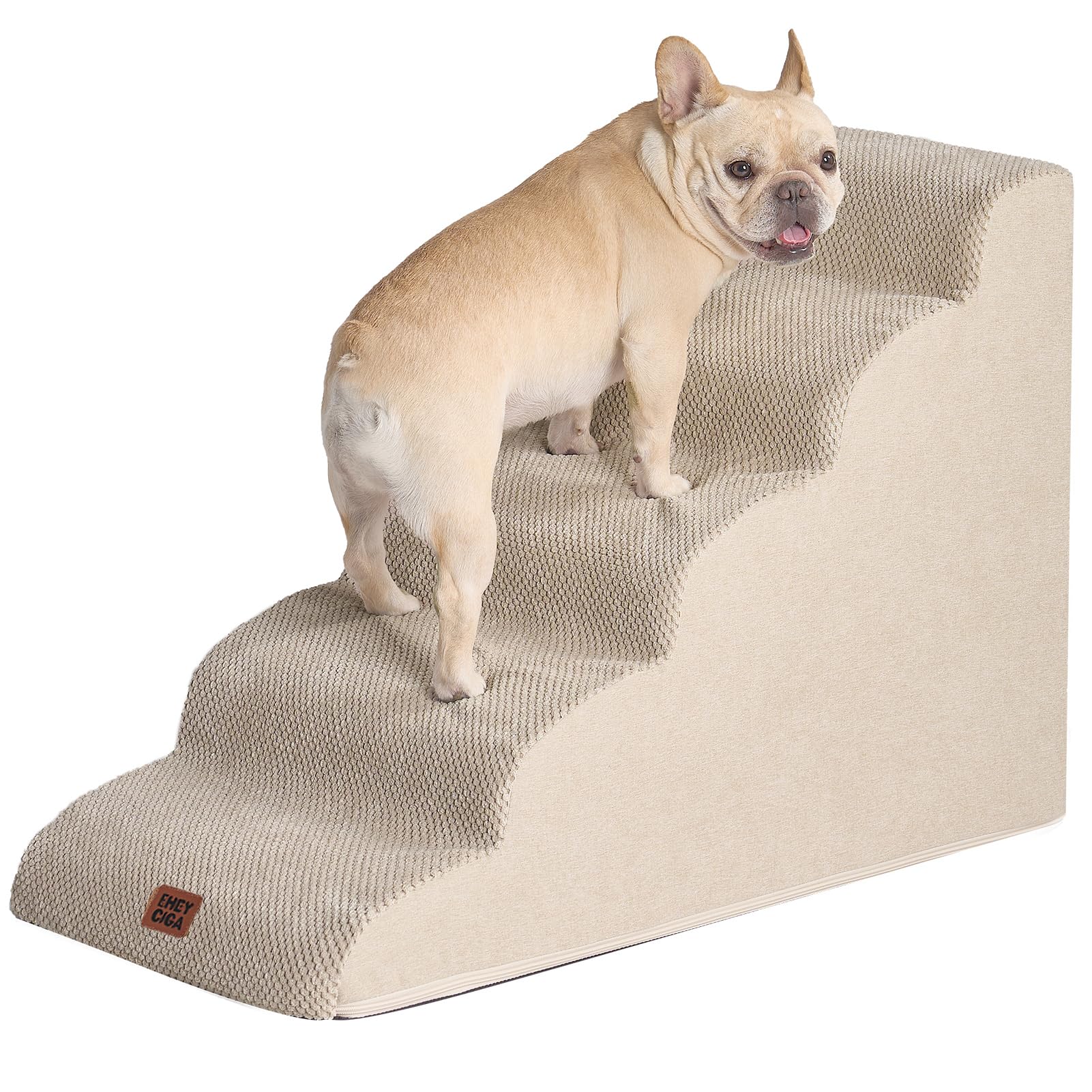 EHEYCIGA curved dog stairs beige fabric blends with home decor.