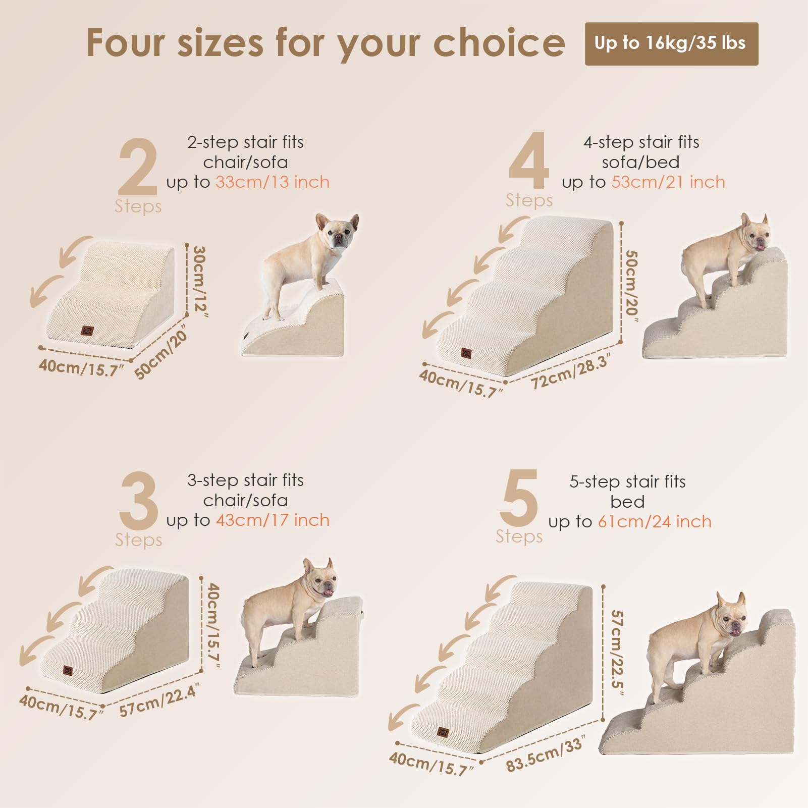 EHEYCIGA curved dog stairs beige foam detail emphasizes 33D density for stability
